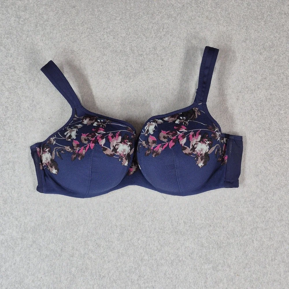 Cacique Women Bra 42DD Navy Floral Lightly Lined Balconette Adjustable READ